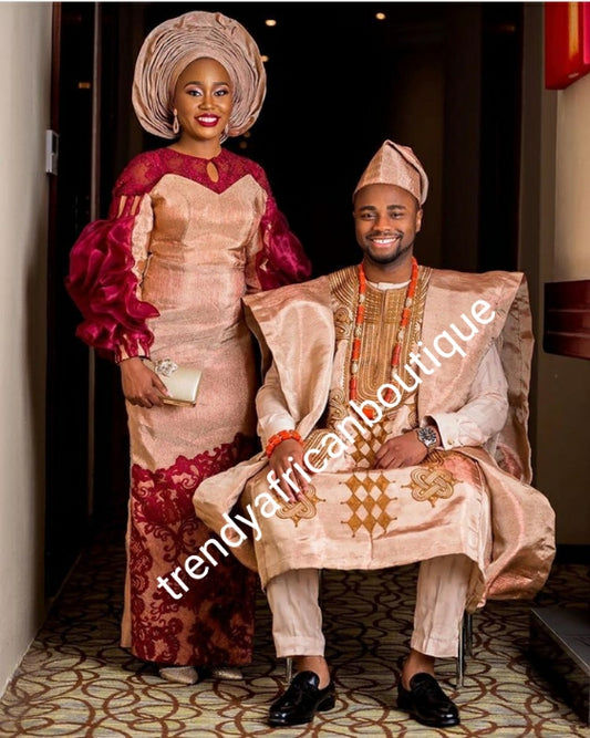 Rose gold  + wine celebrant aso-oke Bride and groom set. Custom-made design. Make-to-order only. Aso-oke set for man and woman. Can be order for individual only or complet set for couple. 6-8 weeks for production. Nigerian Traditional wedding outfit