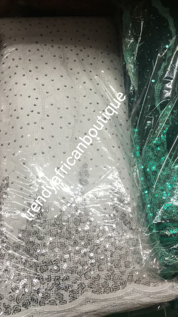 Sale sale: Lustrous quality Africa french lace fabric with all over sequence. Pure white lace with silver sequence border. Sold per 5yds. Aso-ebi lace limited quantity. Sold per 5yds lenght, price is for 5yds. Feel the difference in quality
