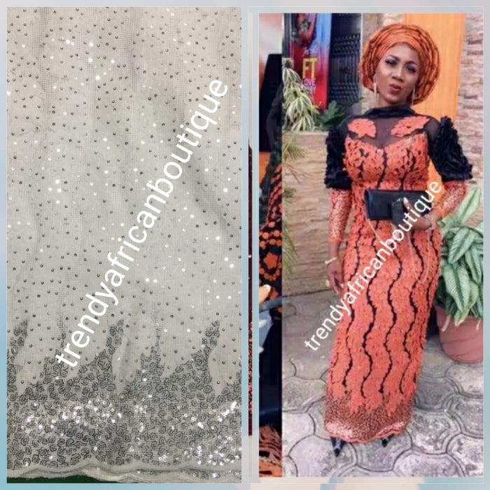 Sale sale: Lustrous quality Africa french lace fabric with all over sequence. Pure white lace with silver sequence border. Sold per 5yds. Aso-ebi lace limited quantity. Sold per 5yds lenght, price is for 5yds. Feel the difference in quality