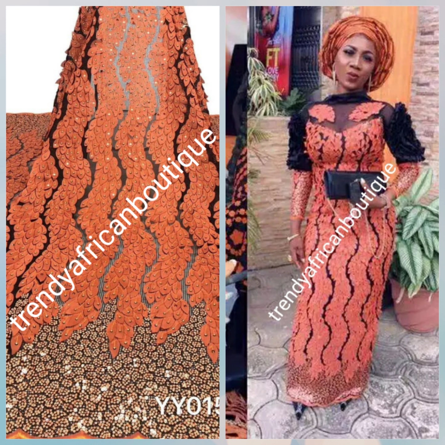 Sale sale: Lustrous quality Africa french lace fabric with all over sequence. Burnt orange lace/black with gold sequence. Sold per 5yds. Aso-ebi lace limited quantity. Sold per 5yds lenght, price is for 5yds. Feel the difference in quality