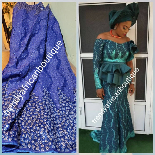 Sale sale: Lustrous quality Africa french lace fabric over sequence. Royal blue embeliished with silver sequence border. Sold per 5yds,  limited quantity. Sold per 5yds lenght, price is for 5yds. Feel the difference in quality