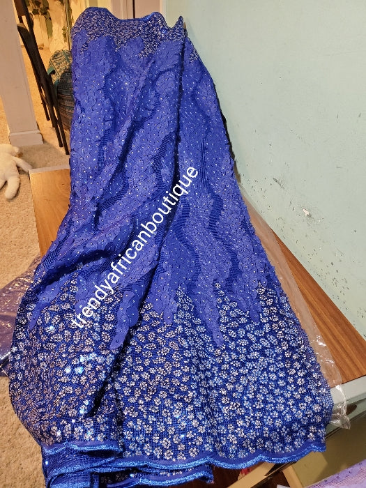 Sale sale: Lustrous quality Africa french lace fabric over sequence. Royal blue embeliished with silver sequence border. Sold per 5yds,  limited quantity. Sold per 5yds lenght, price is for 5yds. Feel the difference in quality