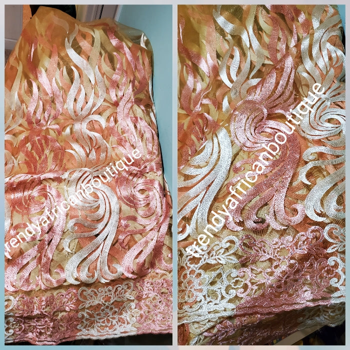 Clearance: Coral/cream/peach embroidery African tulle French Lace Fabric for making Nigerian party outfit. Sold per 5yds. Soft texture fabric,  Beautiful color combination