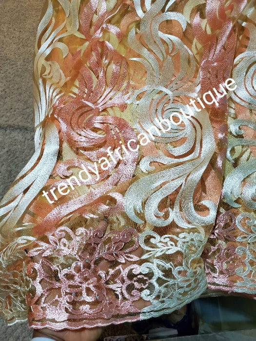 Clearance: Coral/cream/peach embroidery African tulle French Lace Fabric for making Nigerian party outfit. Sold per 5yds. Soft texture fabric,  Beautiful color combination