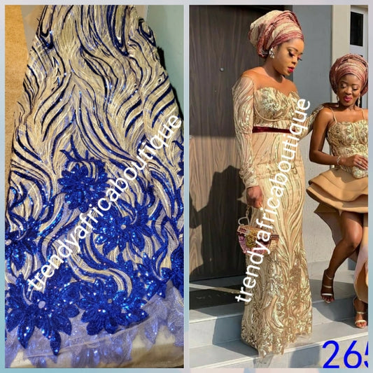 New arrival soft quality champagne/royalblue french lace fabric with all over sequence. Great quality. Sold per 5yds.price is for 5yds. Aso-ebi price available. Contact us for details. Free shipping within U.S