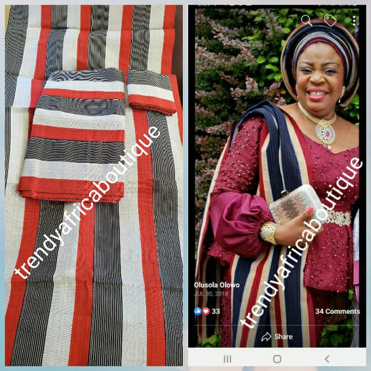 Aso-oke-Set aus nigerianischer Baumwolle. Klassische Farbkombinationen Rot/Schwarz/Weiß/Silber. Weiche, luxuriöse Qualität und einfach zu binden. Wird als Set verkauft und der Preis gilt für das Set