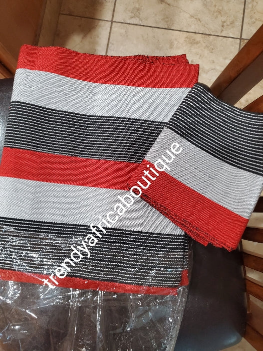 Nigerian woven Cotton Aso-oke set. Classic color combinations Red/black/white/silver. Soft luxurious quality and Easy to tie.sold as a set and price is for the set