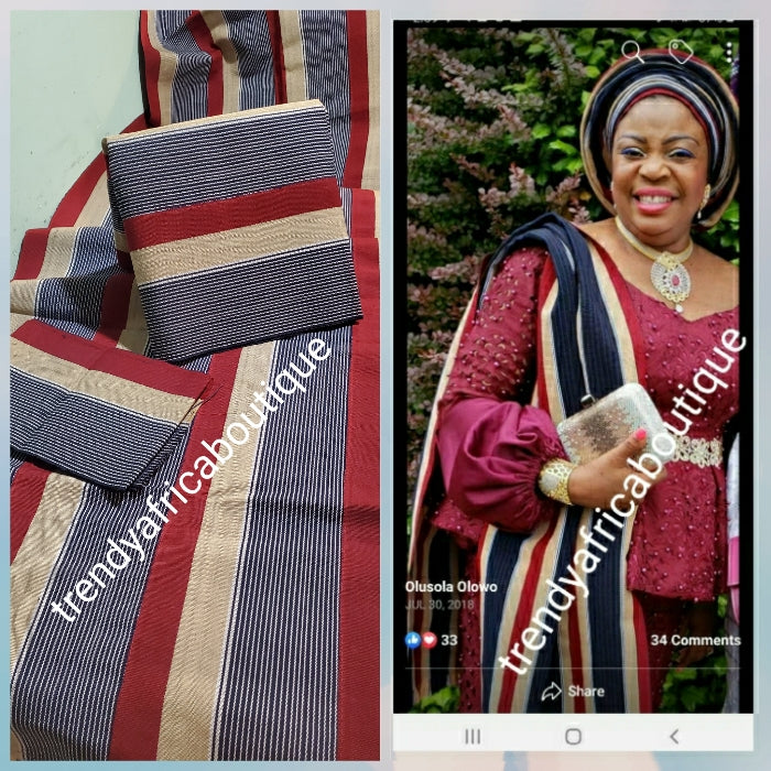 Nigerian woven Cotton Aso-oke set. Classic color combinations Wine/Navy/beige/white. Soft luxurious quality and Easy to tie.sold as a set and price is for the set
