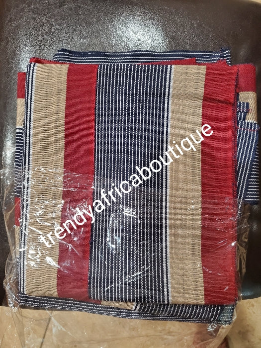 Nigerian woven Cotton Aso-oke set. Classic color combinations Wine/Navy/beige/white. Soft luxurious quality and Easy to tie.sold as a set and price is for the set