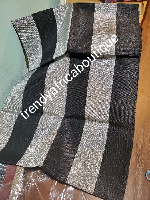 Sale sale: dazzling Black/Silver Aso-oke for making stylish gele. Extra wide 24" and 80" long. Beautiful customize aso-oke woven in Nigeria. Fine Luxrous quality