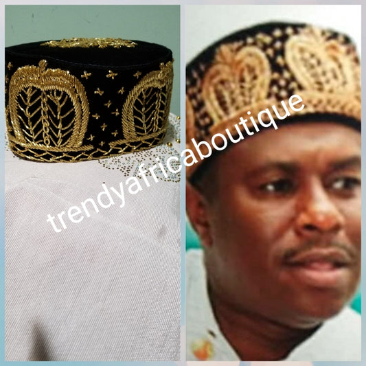 Cap for the Royals!! Black Igbo Traditional cap (Aka Cap) for ceremonial dress. Men-cap in black suede with gold embroidery. Size  25