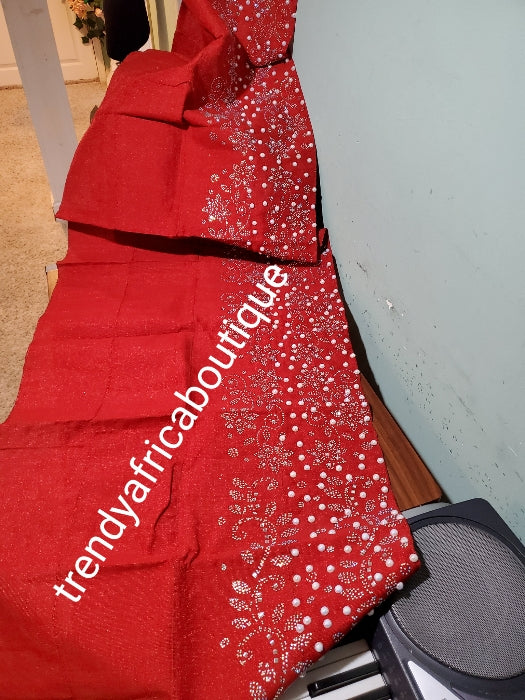 Bonus sale: New arrival of Pepper Red VIP Net enbriodery + hand stoned George Wrapper. Dazzling crystal stones in Full 5yds + 2yards matching net + bonus 4yds Red Lining. Quality net. Do not miss this offer!! .purchase with  red Aso-oke gele is optional