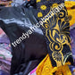Sale: 3pcs set Yellow/black quantity swiss dry lace free flowing bubu. Senegalese bubu or gown, beautiful chest Embriodery/Swarovski stones embellishment. Fit Burst 46", gown  lenght 60" shoulder to floor, sleeve lenght 17" long gown+ inner + scarf