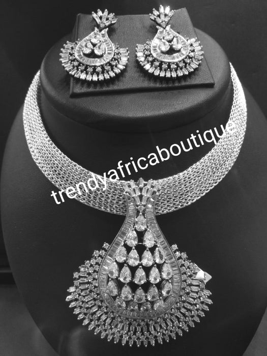 Sale sale: 3pcs set  22k quality silver electroplated choker set.  CZ stoned Pendant and earrings matching set with choker chain. Top quality/hypo allergenic plating