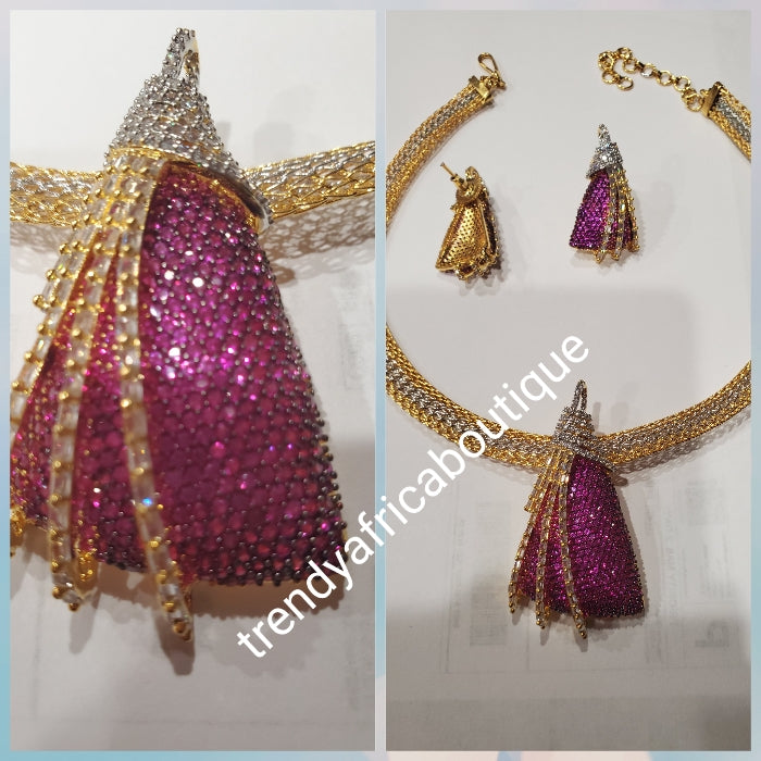 3pcs 22k quality 2 tone Gold electroplating choker set. magenta CZ dazzling stone setting mounted on Pendant/earrings + neck chan as a set. Top quality/hypo allergenic plating