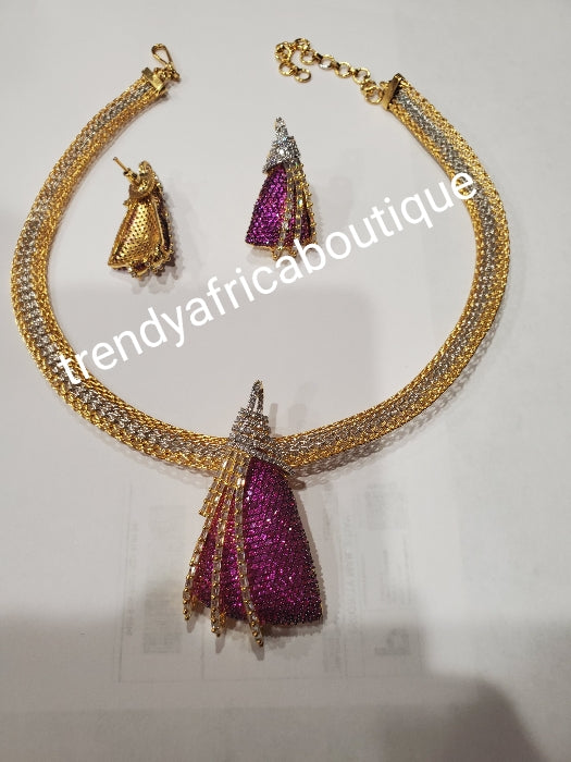 3pcs 22k quality 2 tone Gold electroplating choker set. magenta CZ dazzling stone setting mounted on Pendant/earrings + neck chan as a set. Top quality/hypo allergenic plating