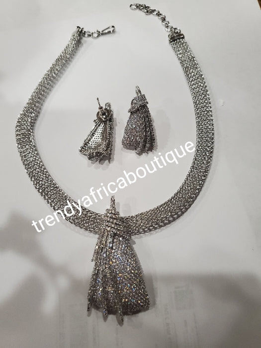 3pcs 22k quality  white/silver electroplating in choker set. Sold as a set. Pendant is mounted with crystal CZ diamond stones. Top quality/hypo allergenic plating.  pendant with 17" long necklace