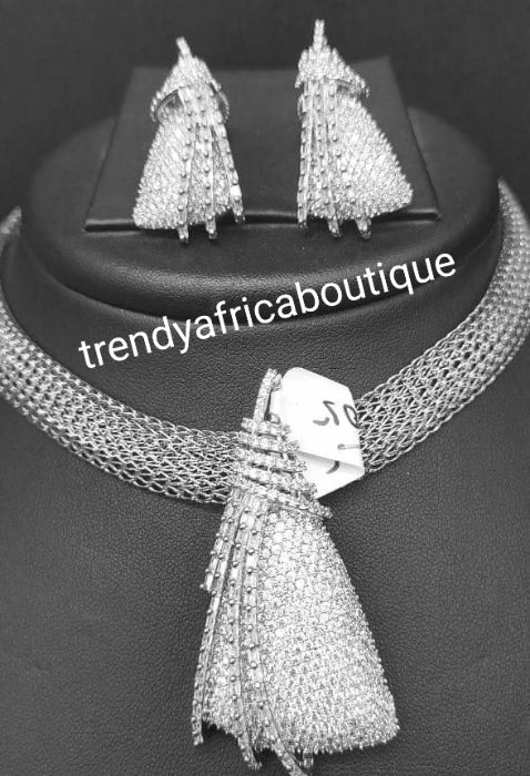 3pcs 22k quality  white/silver electroplating in choker set. Sold as a set. Pendant is mounted with crystal CZ diamond stones. Top quality/hypo allergenic plating.  pendant with 17" long necklace