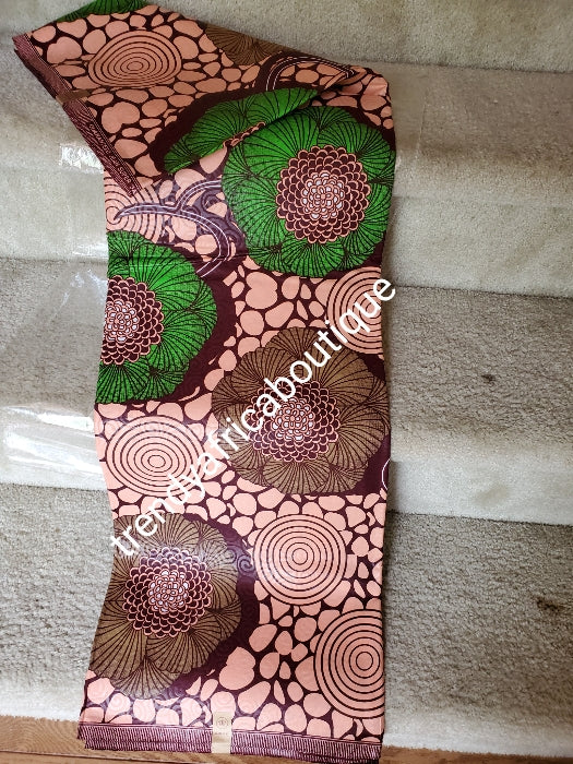 peach /green Holland Veritable African wax print fabric. 100%  brocade cotton Ankara print for making African party outfit for men and women. Sold per 6yds and price is for 6yds. Soft luxurious Quality fabric