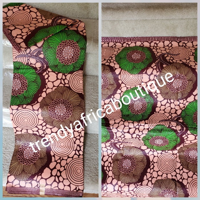 peach /green Holland Veritable African wax print fabric. 100%  brocade cotton Ankara print for making African party outfit for men and women. Sold per 6yds and price is for 6yds. Soft luxurious Quality fabric