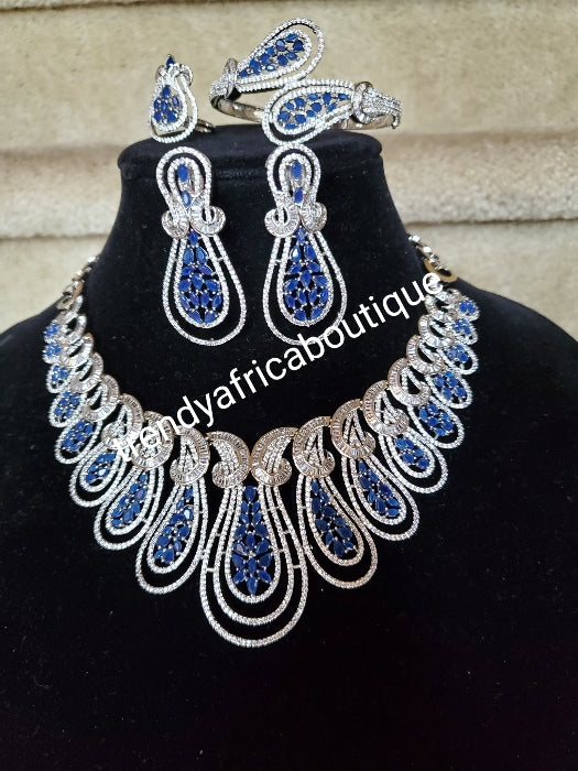 Special price: New arrival Celebrants 4pcs matching set of silver Electroplated with quality royalblue+ silver diamond stones setting. Quality piece of accessories, hypoallergenic. Necklace, earrings, ring and bangle set.