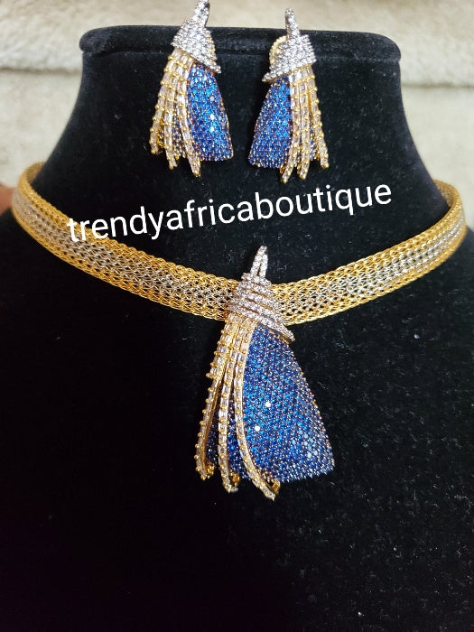 3pcs 22k quality  Gold/silver electroplating  choker set. Sold as a set. Pendant and earrings  mounted with Royal blue dazzling crystal CZ diamond stones. Top quality/hypo allergenic plating.  pendant with 17" long necklace with chain extender