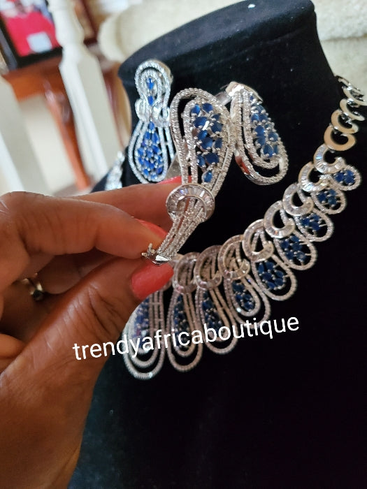Special price: New arrival Celebrants 4pcs matching set of silver Electroplated with quality royalblue+ silver diamond stones setting. Quality piece of accessories, hypoallergenic. Necklace, earrings, ring and bangle set.