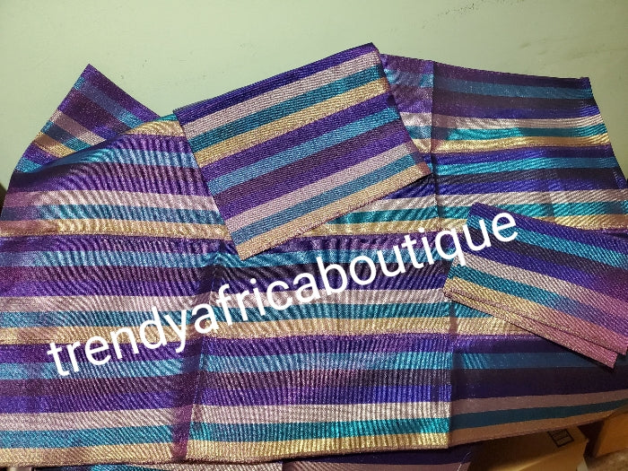 special price: Royalblue multi color aso-oke gele/ipele/fila set. Beautiful vibrant colors, Lustrous feel. Extra wide and long Nigeria aso-oke gele + ipele 3pcs set