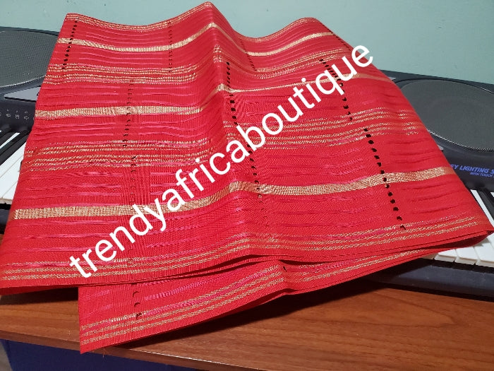 Clearance: dazzling hot Red/gold dazzling Aso-oke for making stylish gele. Extra wide 75" long× 20" wide aso-oke Fine Luxrous quality. This is available in gele only