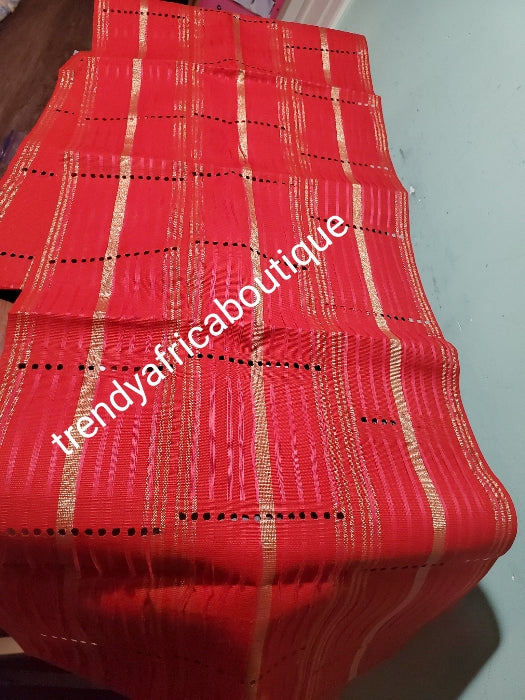 Clearance: dazzling hot Red/gold dazzling Aso-oke for making stylish gele. Extra wide 75" long× 20" wide aso-oke Fine Luxrous quality. This is available in gele only