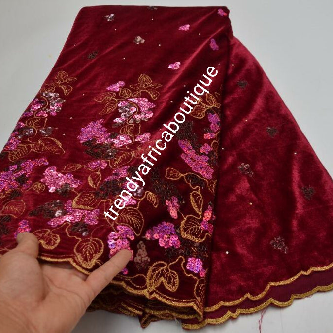 Sale sale: Quality embriodeed  border Velvet Wrapper. Soft velvet fabric for that special occasion. Sold per 5yds. This color is wine red