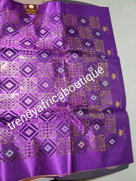 Purple/gold Grand Crown Nigerian Gele/headtie fabric for Traditional Head wrap. Regular-headtie size Gele 72"x36. One in a pack. Regular-headtie big gele for Nigerian party.