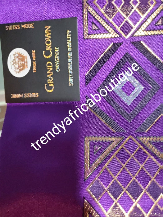 Purple/gold Grand Crown Nigerian Gele/headtie fabric for Traditional Head wrap. Regular-headtie size Gele 72"x36. One in a pack. Regular-headtie big gele for Nigerian party.