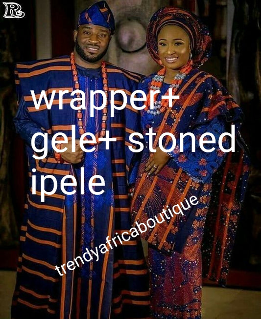Navyblue/Orange  Aso-oke Iro (wrapper) + extra wide Gele, + dazzling crystal stone Ipele. Nigerian Traditional ceremonies weave cotton fabric Make-to-order only. Custom-made design. Allow 6-8 weeks for order process.