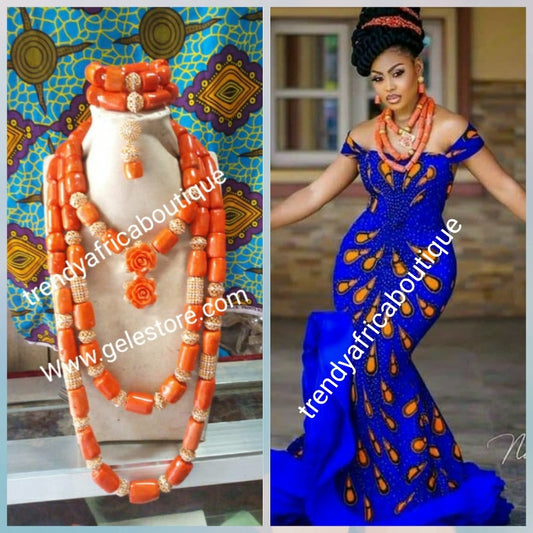 Make to order. 5pcs Edo Coral-necklace set with Gold accessories. Original Nigerian coral beaded 2 long layer + one choker, earrings & bracelet for Nigerian Traditional Ceremonies. sold as a set. Price is for all set. Allow 6-8weeks to receive order