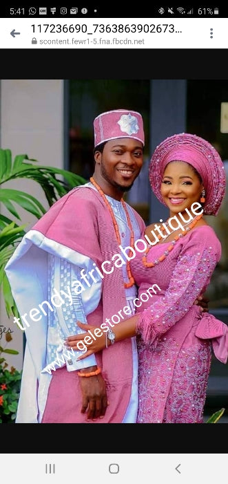 Choose your color! Bride swarovaski stoned Aso-oke + groom embriodered Agbada  set. Custom-made. Make-to-order only. Quality Nigerian aso-oke-Can be order as a set for bride & Groom or for individual. 6-8 weeks for production. Traditional wedding outfit