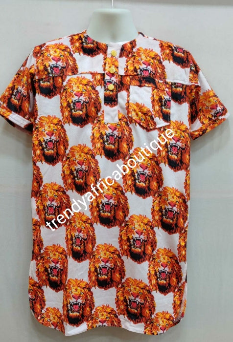 New arrival Isi-agu Igbo traditional/ceremonial shirt for men.  White/gold isi-agu shirt size XL Chest 46"