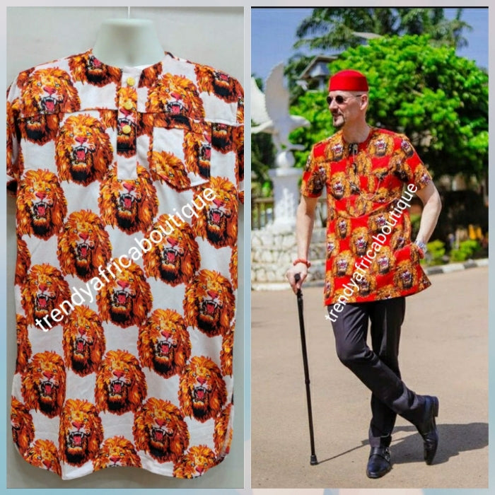 New arrival Isi-agu Igbo traditional/ceremonial shirt for men.  White/gold isi-agu shirt size Large, Chest 44"