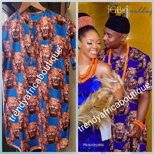 New arrival Isi-agu Igbo traditional/ceremonial shirt for men. Royal blue/gold isi-agu shirt size 4XL, Chest 52" and 35" long"