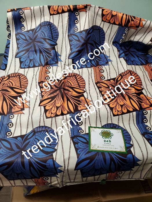 Cream/orange/royalblue Veritable African wax print fabric. 100% cotton Ankara print for making African party outfit for men and women. Sold per 6yds and price is for 6yds. Soft luxurious Quality fabric