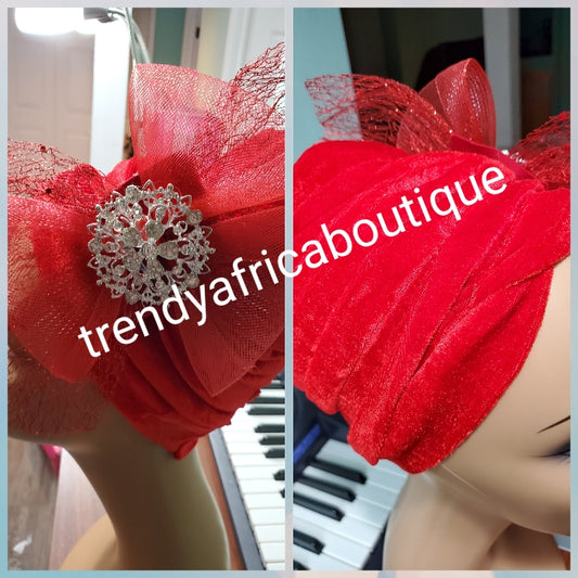 Red velvet Women-turban. One size fit all turban. Beautiful flower side design with a side brooch to add decor to your turban. Soft velvet material