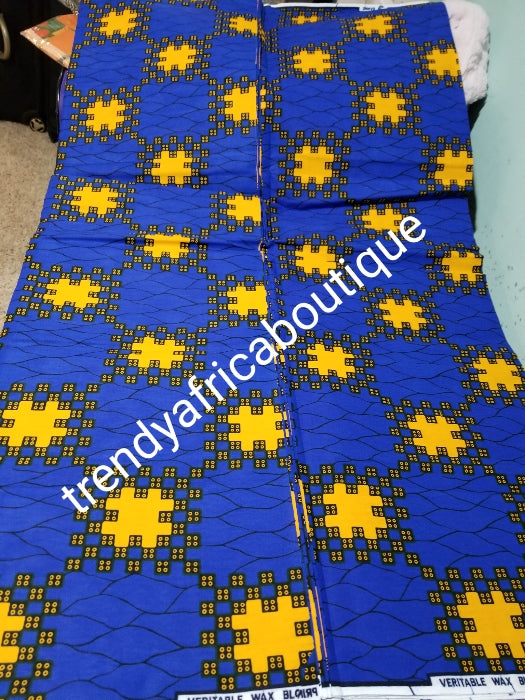 African wax print fabric in 100% cotton. Beautiful royalblue/yellow ankara. Can be use for men and women dresses Sold per 6yrds. Price is for 6yds.