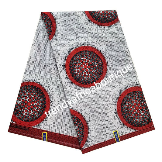 Guarantee real wax print. White/black/red Cotton Ankara. Lustrous quality print sold per 6yds. Price is for 6yds.