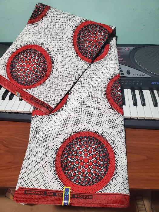 Guarantee real wax print. White/black/red Cotton Ankara. Lustrous quality print sold per 6yds. Price is for 6yds.
