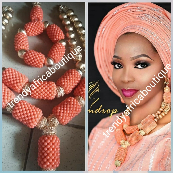 Back in stock: Classic Coral-necklace set. 3pcs set of coral necklace set for Nigerian Bride/Celebrant. Traditional wedding bead for big occasion sold per set. Nice drop coral necklace with gold bead accent