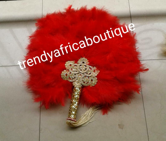 Fluffy Red/gold feather hand fan with handle. Front and back same design. feather fan for Nigerian Bridal accessories or for party use. Large size