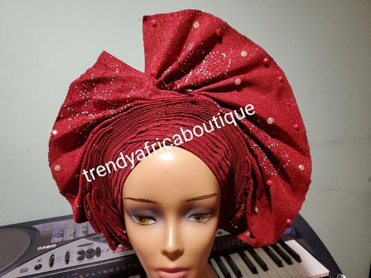 Wine fan design auto-gele beaded and stoned, made with Nigerian woven  aso-oke. Nigeria  gele Party ready in less than 5 minutes. One size fit, easy adjustment at the back