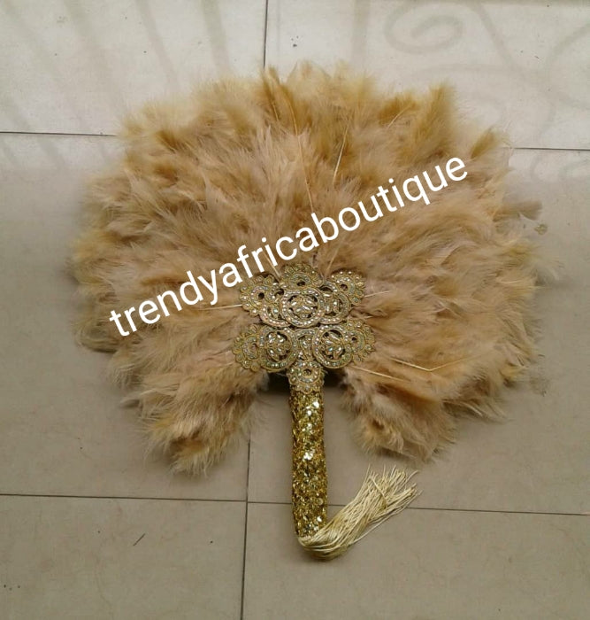 fluffy Gold color, Nigerian hand made Feather hand fan. beaded and stoned,  Medium size hand fan Nigerian Bridal-accessories design with flower petal.