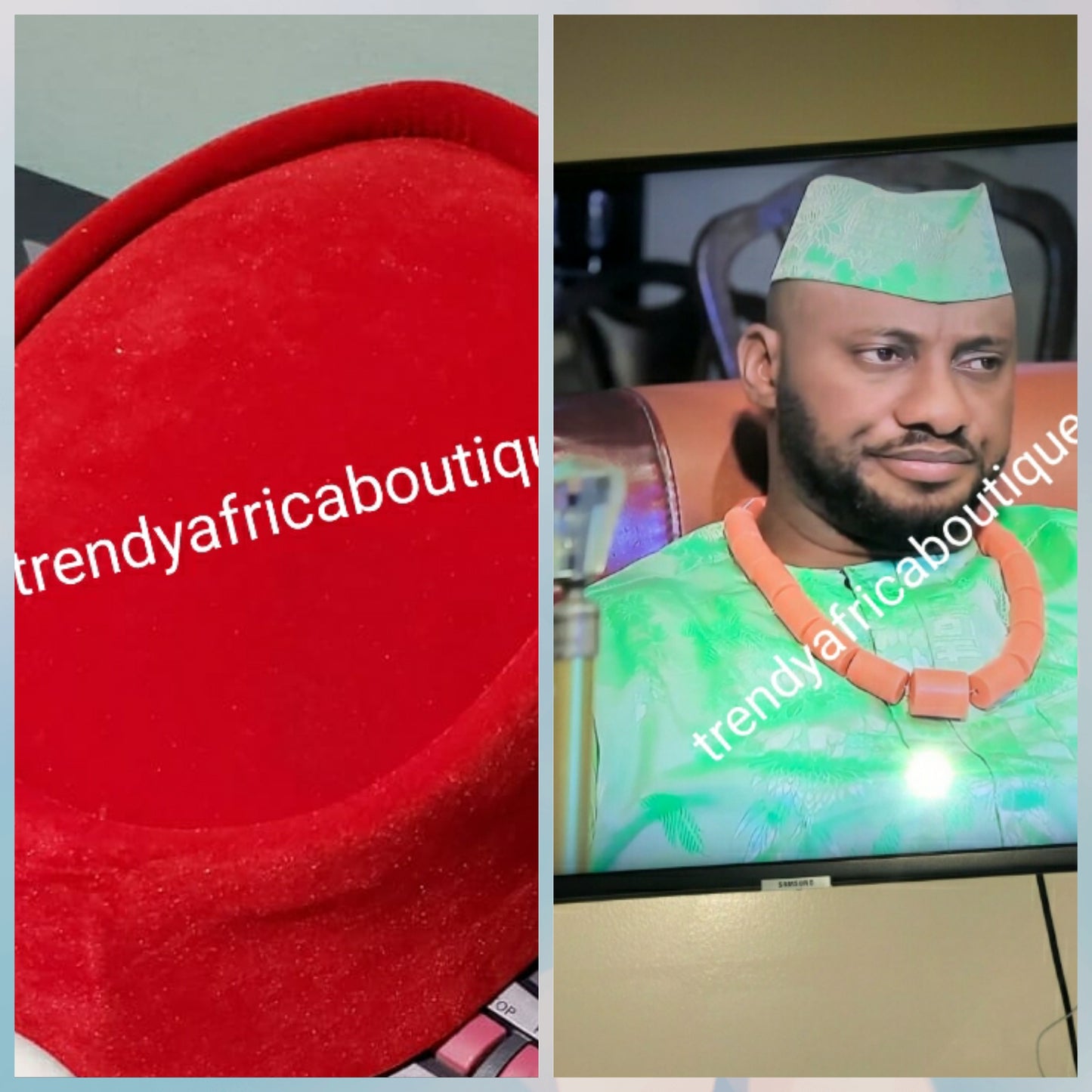 Red suede Cap for the Royals!! Igbo Traditional cap (Aka Red Cap) for ceremonial dress. Men-cap in red suede size 22 inches. Please measure your head circumference for accuracy.