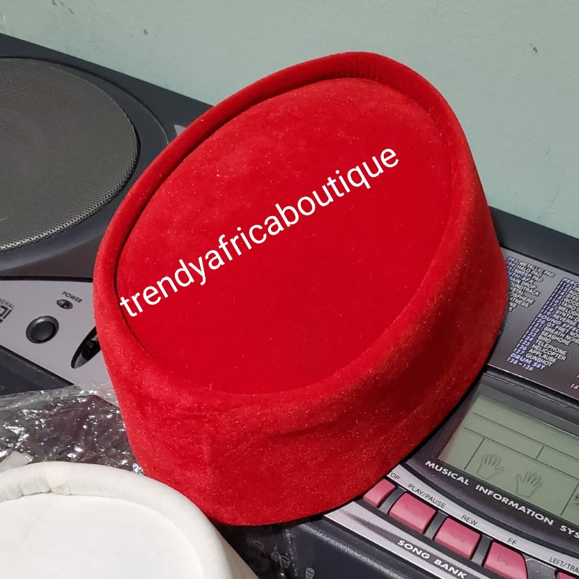 Red suede Cap for the Royals!! Igbo Traditional cap (Aka Red Cap) for ceremonial dress. Men-cap in red suede size 22 inches. Please measure your head circumference for accuracy.